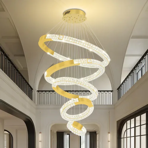 Vista 6 de Gran araña de anillo dorado moderna LED de 5 anillos de cristal para techos altos Vestíbulo Escalera de arañas D12''+20''+28''+35''+43'' Oro