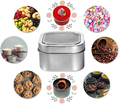 Vista 7 de Latas cuadradas de metal con tapas de ventana, paquete de 15 latas de plata cuadradas vacías para hacer velas, dulces, regalos y tesoros (4 onzas)