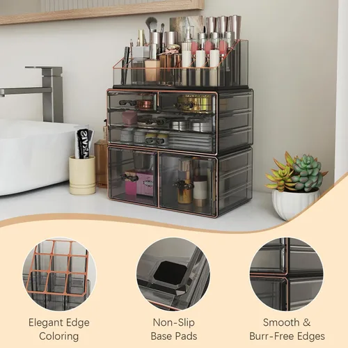 Vista 5 de Delamu Organizador de maquillaje de 3 niveles y 6 cajones para encimera, organizador de cosméticos para tocador y tocador, organizador de baño, Negro