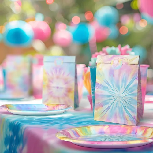Vista 6 de Conjunto de Decoraciones para Fiesta Tie Dye - Divertidos Platos, Servilletas y Tenedores para Fiesta Tie Dye para una Celebración Vibrante