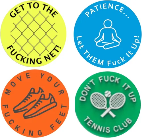 Vista 5 de Amortiguador de vibraciones de raqueta de tenis con recordatorio picante y agresivo (paquete de 4), amortiguador de raquetas de palabras divertidas