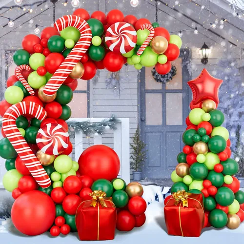 Vista 5 de Kit de arco de guirnalda de globos de Navidad de 144 piezas con globos de Navidad, rojo, dorado, verde fresco y verde oscuro, globos de caramelo