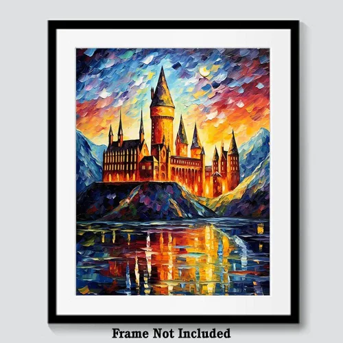 Vista 6 de Bestbuddy Pet 8 x 10 sin marco noche estrellada inspirada en el castillo medieval Edad Media Fantasía Europa Familia pintura al óleo impresión arte