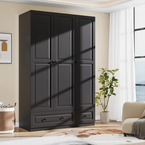 Vista 7 de Armario Armario con cajones: Armario de madera alto negro de 74 pulgadas para colgar ropa, Armarios grandes para dormitorio con 2 cajones, armario