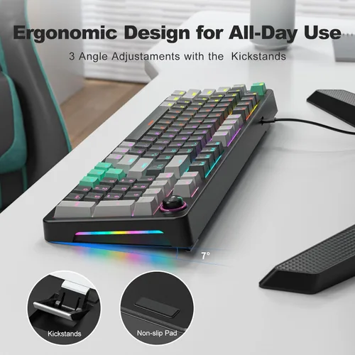 Vista 5 de GEEZER Teclado mecánico para juegos con retroiluminación LED, interruptor azul, perilla de volumen, 96 teclas, tamaño completo, compacto, USB