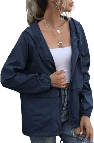 Vista 18 de PESION Chaqueta impermeable ligera para mujer, rompevientos con capucha y bolsillo para exteriores Verde militar