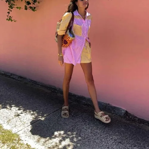 Vista 6 de SAFRISIOR - Conjunto deportivo de 2 piezas de estilo casual para mujer, camisa de manga larga a rayas y minipantalones cortos sueltos de talle alto