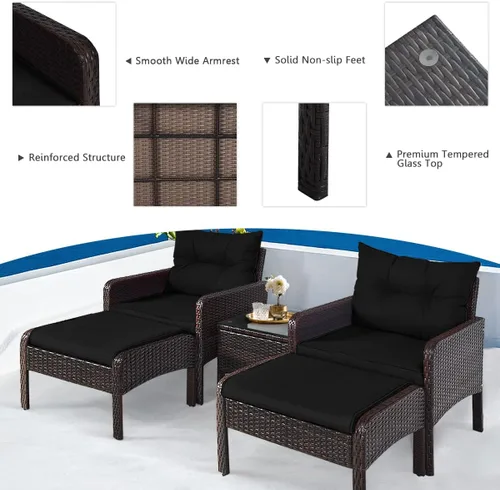 Vista 2 de Juego de muebles de mimbre para patio, juego de conversación de mimbre modular para exteriores con 2 otomanas y mesa de centro de vidrio templado