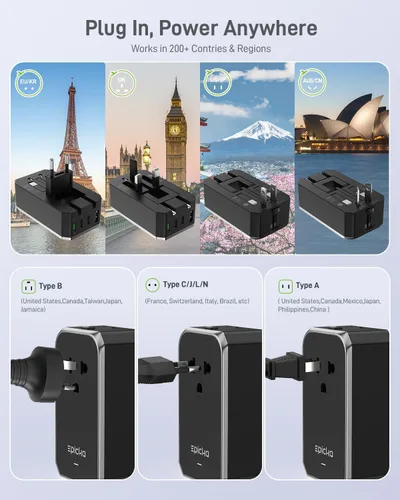 Vista 5 de EPICKA Adaptador de viaje universal Air 20W PD&QC con 1AC/3USB-C/1USB-A