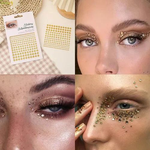 Vista 4 de Gel dorado con purpurina corporal y 2 hojas de diamantes de imitación para la cara, maquillaje con purpurina facial y joyas para el cabello, gemas