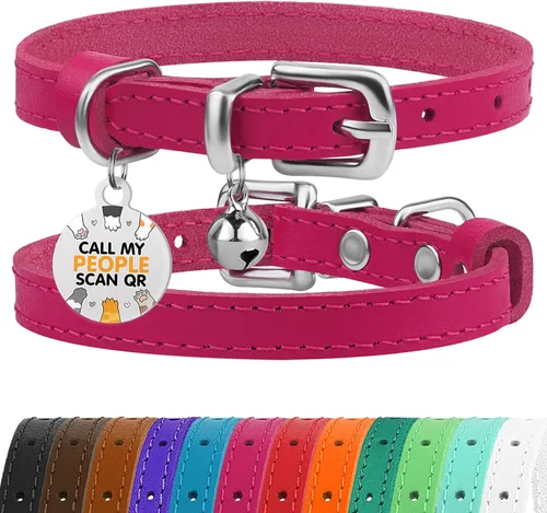 Vista 39 de BRONZEDOG Collar de cuero para gato con campanas extraíbles sin liberación rápida, etiqueta QR para gatito para niña y niño