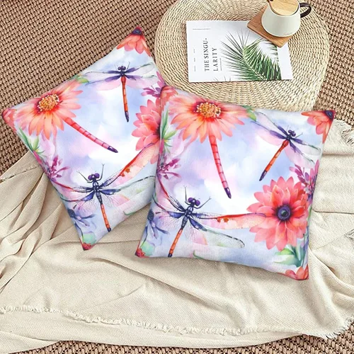 Vista 5 de Juego de 2 fundas de almohada de primavera y verano, diseño de libélula y flor, fundas para sofá, oficina, dormitorio, decoración del hogar, 16 x 16
