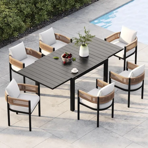 Vista 28 de Juego de comedor al aire libre Grand Patio de 5 piezas para 4, sillas de patio fijas de mimbre tejido metálico con cojines engrosados y 1 mesa