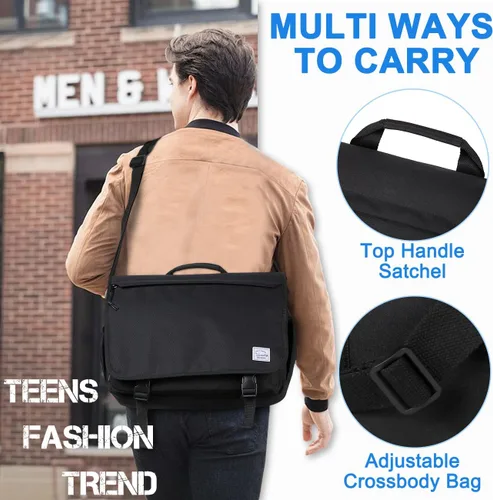 Vista 6 de VASCHY Bolsa de mensajero para hombre, resistente al agua, maletín para laptop, bolsa de trabajo, bolso cruzado para mujer, universidad, Negro