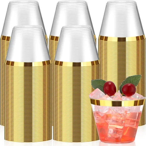 Vista 14 de Lounsweer 100 piezas de vasos de plástico con borde de 9 onzas, vasos de cóctel transparentes para boda, vasos de vino desechables resistentes