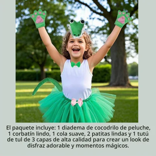 Vista 7 de Kirei Sui Disfraz de animal para niños, diseño de cocodrilo, tutú verde, diadema, pajarita, cola y patas