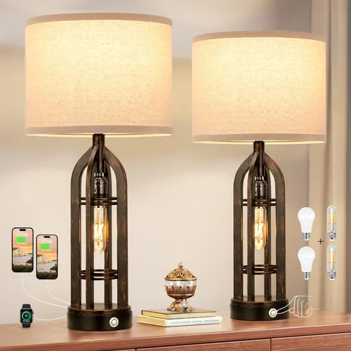 Vista 10 de Seealle Juego de 2 Lámparas de Mesa para Sala de Estar - Lámpara de Noche de Aspecto de Madera para Dormitorio con USB C+A y Enchufe, Lámparas