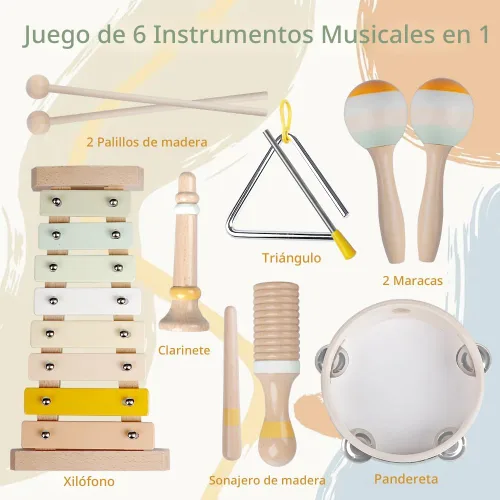 Vista 2 de Instrumentos musicales para bebés, juguetes Montessori de madera para niños pequeños de 1 a 3 años, colores neutros, juego de instrumentos