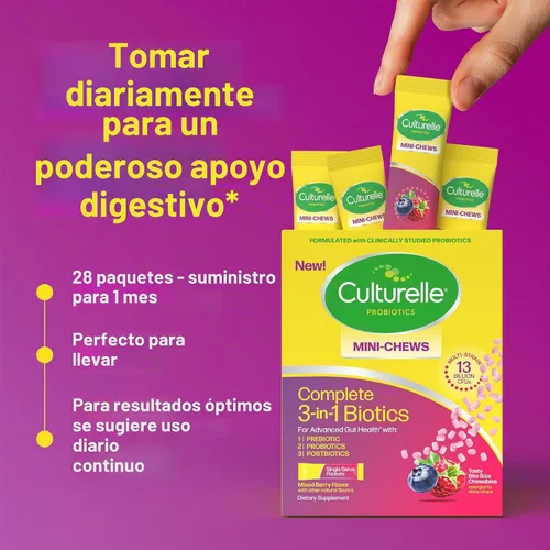 Vista 7 de Culturelle® Complete 3 en 1 Biotics Mini-Chews Probiótico diario para la salud digestiva con prebióticos y postbióticos para el equilibrio