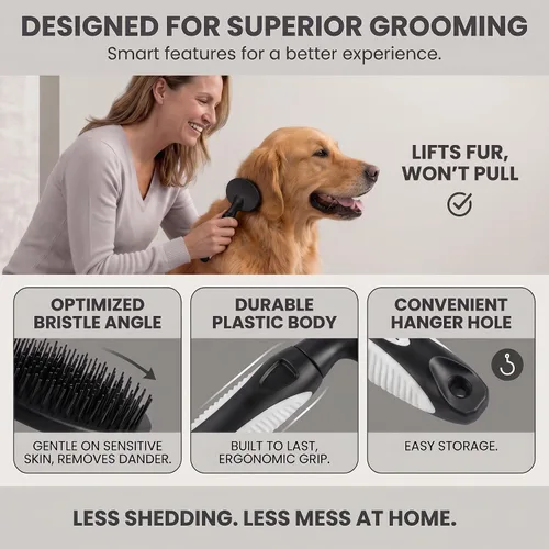 Vista 7 de Cepillo de cerdas redondas para mascotas para perros y gatos, cepillo suave para perros para aseo de pelo corto o largo, herramienta suave para Negro
