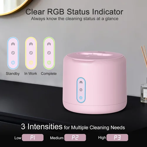 Vista 3 de Máquina limpiadora ultrasónica de retenedores, limpiador de dentaduras impermeable IPX6, 3 modos de limpieza dental con indicador RGB, UV de 45 kHz