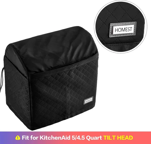 Vista 6 de HOMEST Funda Acolchada Antipolvo para Batidora de Pie con Bolsillos Compatible con KitchenAid de 5/4.5 Cuartos de Galón Cabezal Inclinable, Negro