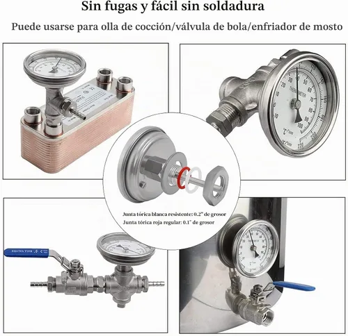 Vista 6 de Ferroday Termómetro de acero inoxidable con contratuerca, arandela plana, Junta en O, 0-220° para hervidor de agua