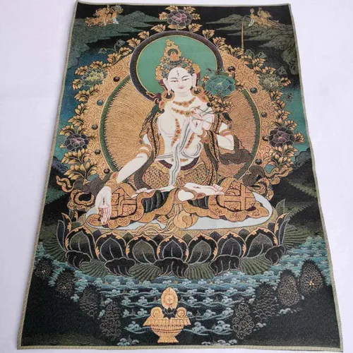 Vista 2 de GEEYOU Bordado de seda tibetano Thangka budismo blanco Tara Guanyin Kwan-yin Tangka Mural Tangka colgante de pared para decoración del hogar, tapiz