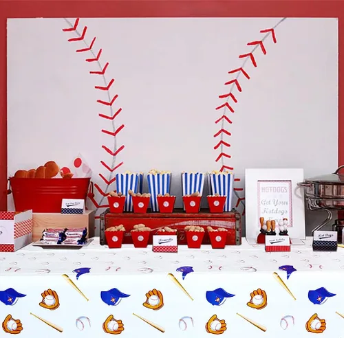 Vista 3 de Paquete de 4 manteles con temática de béisbol, manteles desechables de plástico para decoración de fiesta, 51 x 86 pulgadas, mantel rectangular