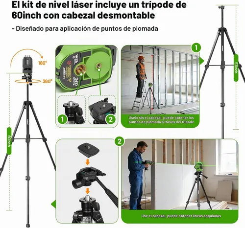 Vista 3 de Nivel láser con trípode de 60 pulgadas, nivel láser autonivelante Huepar con 2 puntos de plomada, herramienta niveladora láser de línea cruzada