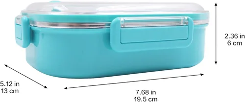Vista 6 de Finex Caja Bento reutilizable azul de acero inoxidable con 2 compartimentos para alimentos con tapa transparente y cuchara - Princesa