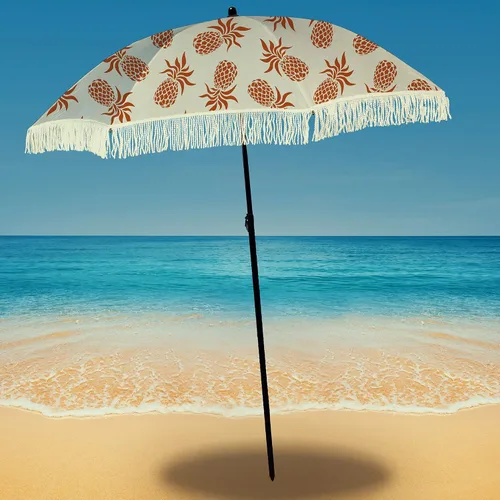 Vista 32 de Sombrilla de playa para arena, resistente al viento, con bolsa de anclaje de arena, portátil, flecos, bolsa de mezclilla, cuenta con parte inferior