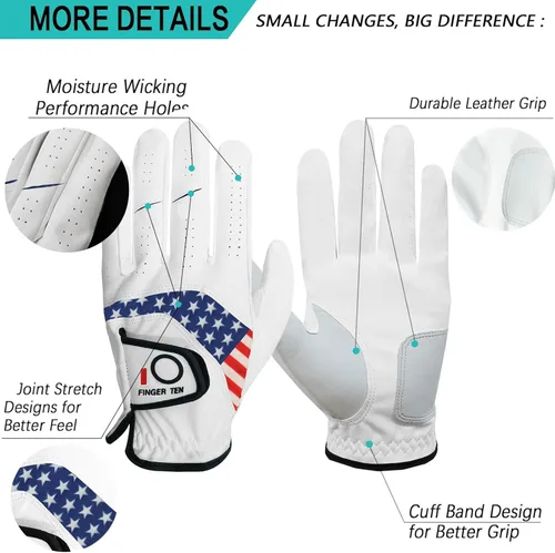 Vista 3 de FINGER TEN Guantes de golf para hombre, paquete de 5 unidades para mano izquierda y derecha, cómodos, suaves y con agarre para todo tipo de clima
