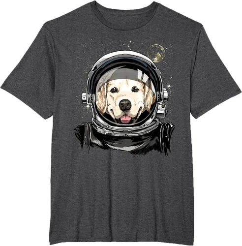 Vista 64 de Camiseta para amantes de los perros de los astronautas del espacio exterior Golden Retriever Lover, Negro