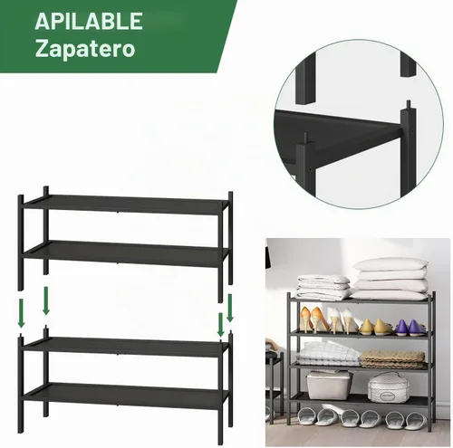 Vista 6 de kiplant Zapatero de bambú negro de 2 niveles, zapatero apilable de madera de bambú para armario, entrada y pasillo