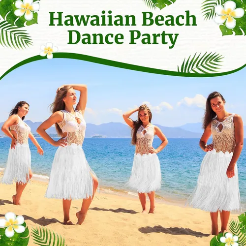 Vista 4 de 6 faldas hawaianas de hierba de Luau Hula de 24 pulgadas, vestido de Luau hawaiano blanco para boda, vestido hawaiano Luau elástico con flores