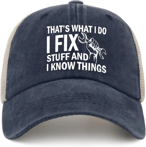 Vista 28 de Sombrero con texto en inglés "I Fix Stuff and I Know Things, para hombre, diseño de cosas geniales