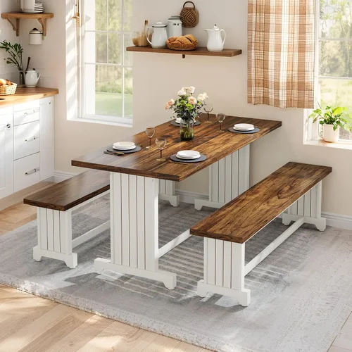 Vista 3 de Tribesigns Juego de mesa de comedor pequeña de 47 pulgadas para 2, mesa de cocina de 3 piezas con 2 bancos, muebles de cena de madera de granja