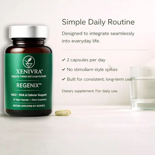 Vista 2 de Xenivra Regenix™ NAD+ Suplemento NAD Booster con ribósido de nicotinamida (NR) Energía celular y envejecimiento saludable Resveratrol y CoQ10