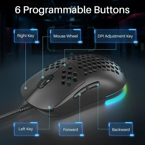 Vista 4 de DIERYA M1SE Ratón con Cable para Juegos con Carcasa de Nido de Abeja, Sensor Óptico de 12800DPI, 6 Macros Programables, Soporte de Software