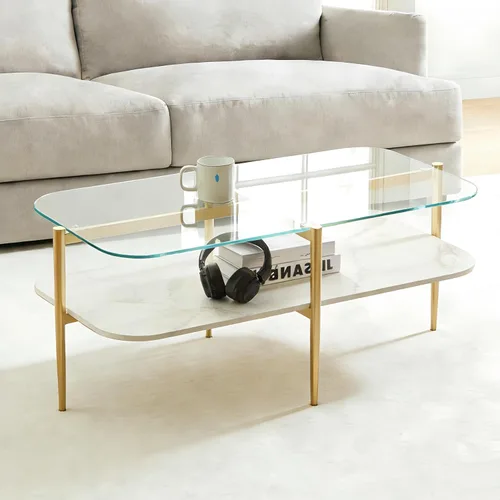 Vista 19 de Shrine - Mesa de café rectangular, diseño moderno de mediados de siglo, estructura de 2 niveles, parte superior de vidrio ámbar y estante de MDF