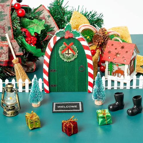 Vista 5 de Haooryx Miniaturas de jardín de elfos de Navidad, 16 piezas de decoración de puertas mágicas de hadas de Navidad, puertas de hadas en miniatura
