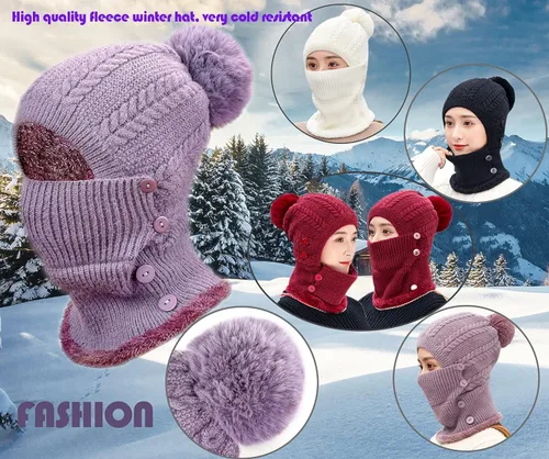 Vista 5 de Gorro de punto con forro polar para mujer, bufanda de invierno para mujer, gorro cálido con pompón