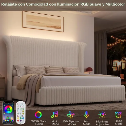 Vista 4 de Marco de Cama Queen con Cabecera Alta Tipo Ala de Piel Sintética de 54", Cama Plataforma Tapizada con Luz LED, Base de Colchón con Soporte