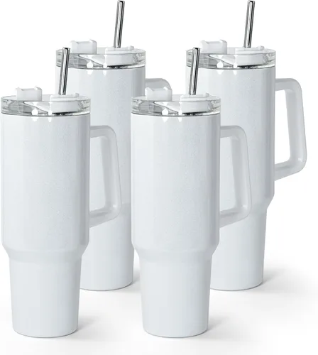 Vista 9 de AGH Paquete de 4 vasos de sublimación blancos con purpurina de 40 onzas con popote y tapa de acero inoxidable, vasos aislados al vacío de doble
