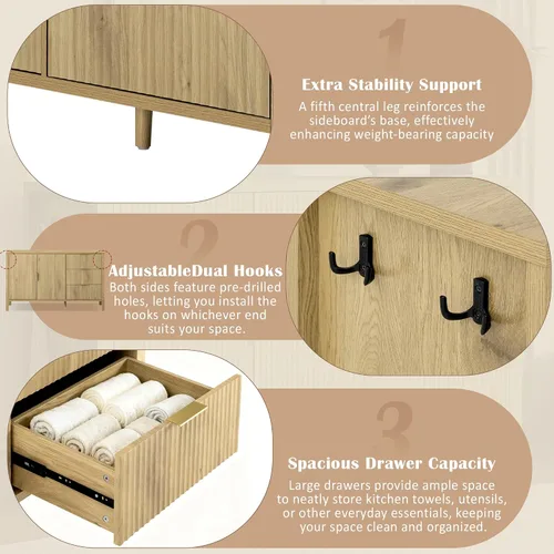 Vista 5 de HY_Modern Wave-Pattern Sideboard with 3 Drawers & 2 Doors - Storage Buffet Cabinet with Adjustable Hooks & Extra Center Leg for Living Room
