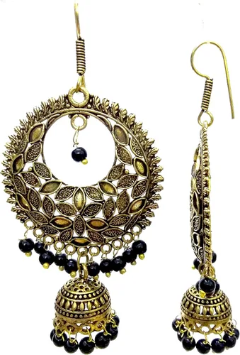 Vista 2 de DESI HAWKER Pendiente oxidado dorado Bali Jhumki Jhumka joyería Bollywood gota colgante araña aro Chandbali NI-174