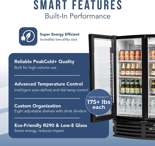 Vista 4 de PEAKCOLD + Refrigerador vertical de 2 puertas - Refrigerador comercial negro de 16.8 pies cúbicos de bajo consumo con puertas de vidrio