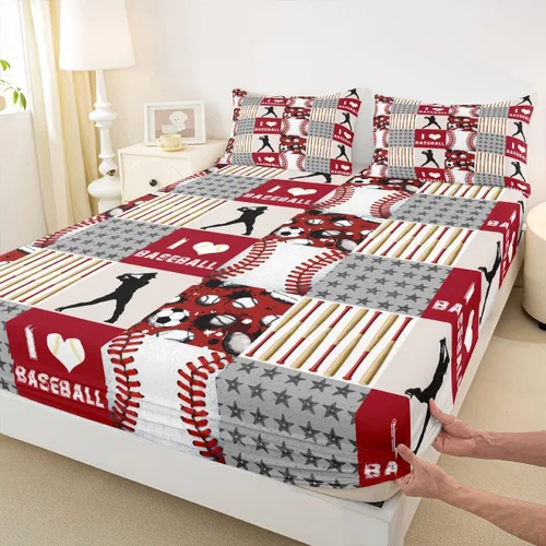 Vista 14 de Erosebridal Sábana bajera ajustable de béisbol tamaño individual, juego de cama de juegos deportivos para niños, niñas, adolescentes y adultos