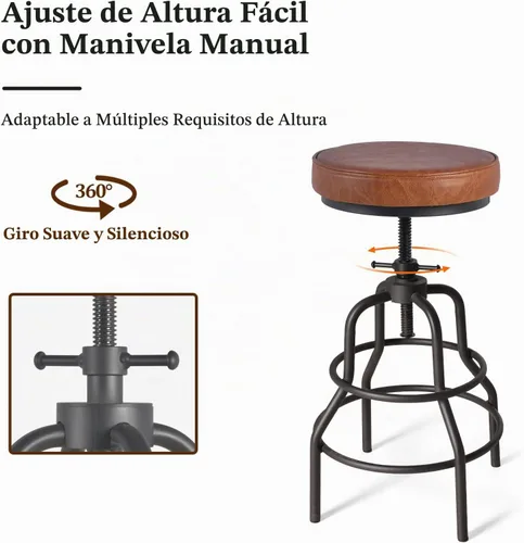 Vista 9 de LOKKHAN Taburetes de bar industriales - Taburete de bar giratorio de cuero y metal - De 20 a 27 pulgadas de alto, altura ajustable para encimera